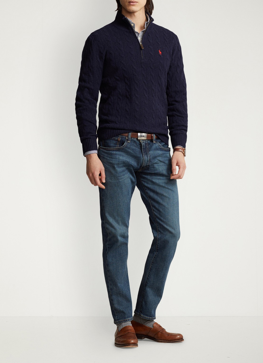 Ralph Lauren Kabelgebreide trui in kasjmierblend met halve rits - detail 2 donkerblauw