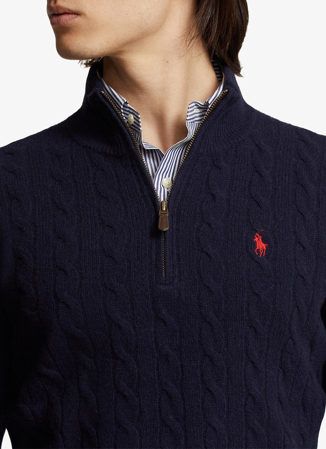 Ralph Lauren Kabelgebreide trui in kasjmierblend met halve rits - detail 3 donkerblauw