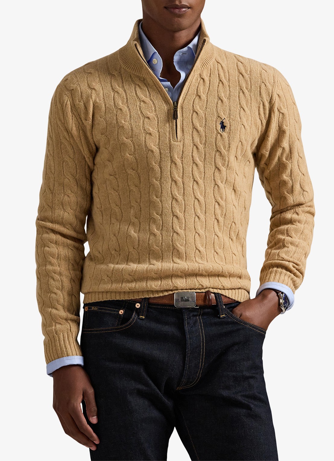 Ralph Lauren Kabelgebreide trui in kasjmierblend met halve rits - detail 4 camel
