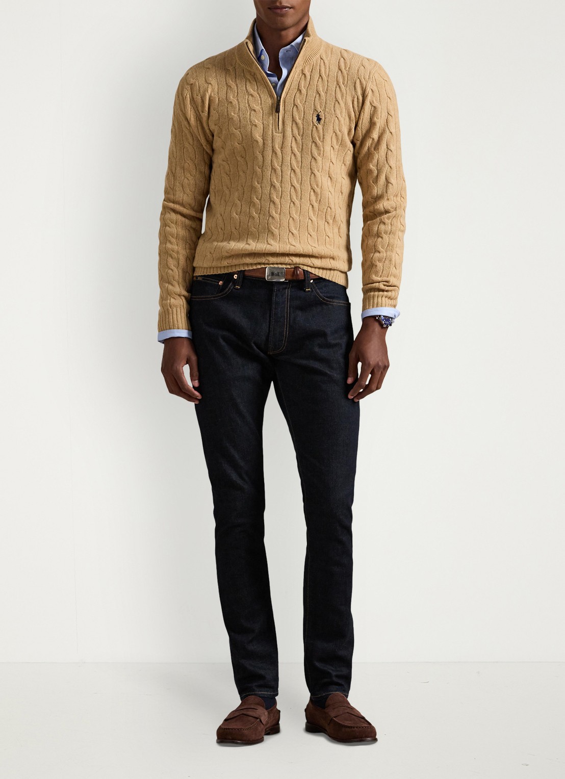 Ralph Lauren Kabelgebreide trui in kasjmierblend met halve rits - voorkant 2 camel