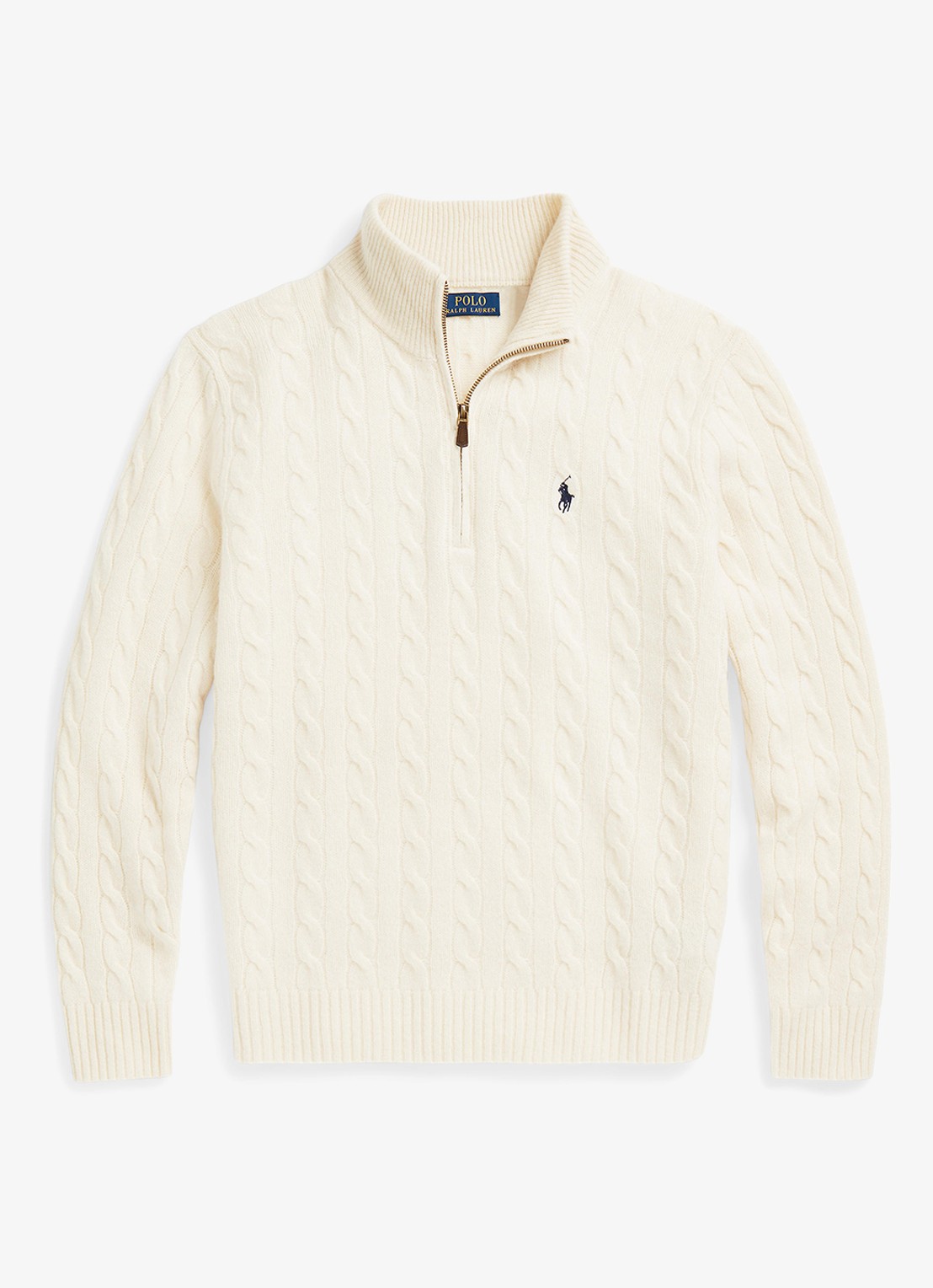 Ralph Lauren Kabelgebreide trui in kasjmierblend met halve rits - voorkant andover cream / creme