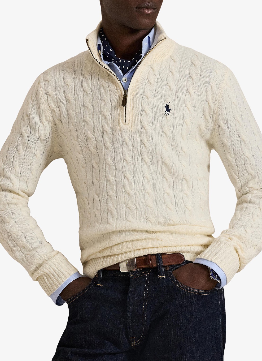 Ralph Lauren Kabelgebreide trui in kasjmierblend met halve rits - voorkant 2 andover cream / creme