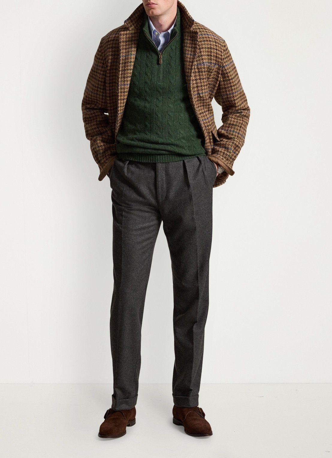 Ralph Lauren Kabelgebreide trui in kasjmierblend met halve rits - detail lodgepole pine heather / donkergroen