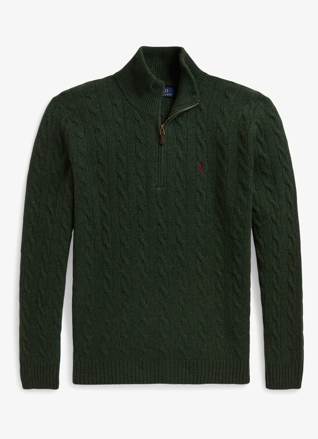 Ralph Lauren Kabelgebreide trui in kasjmierblend met halve rits - voorkant 3 lodgepole pine heather / donkergroen
