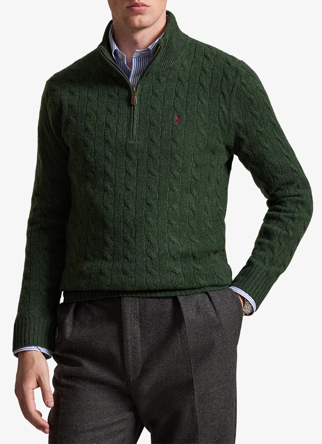 Ralph Lauren Kabelgebreide trui in kasjmierblend met halve rits - voorkant 4 lodgepole pine heather / donkergroen
