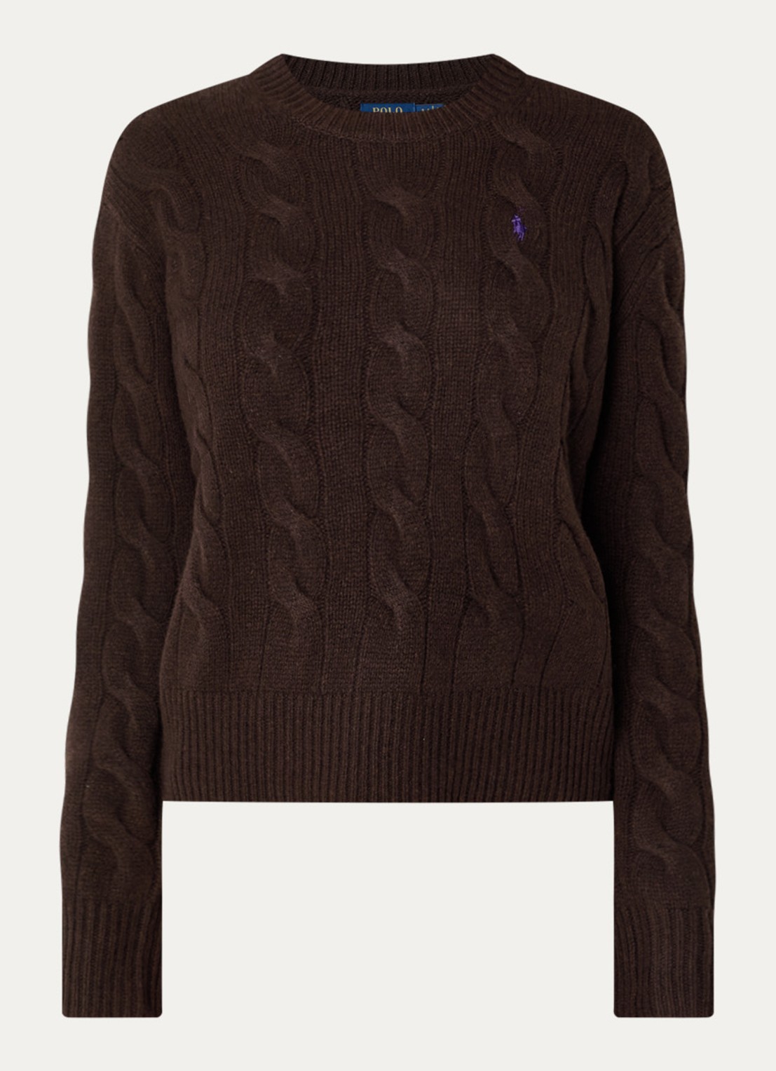 Ralph Lauren Kabelgebreide trui in kasjmierblend met logoborduring - voorkant 2 donkerbruin