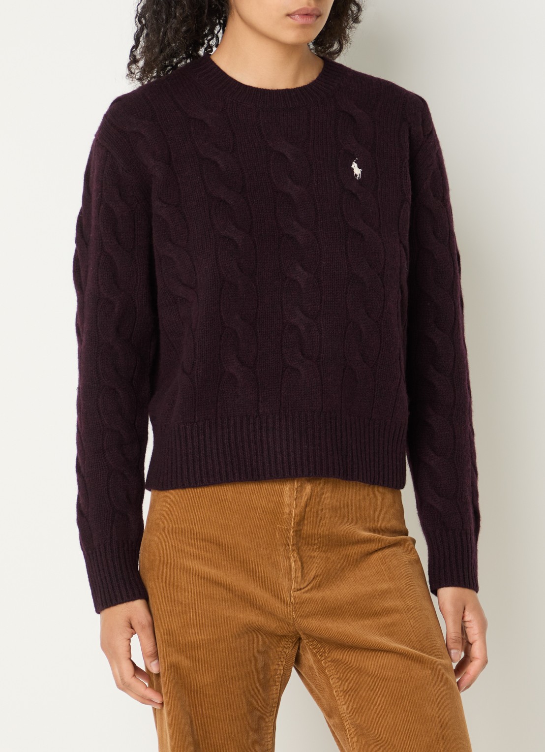 Ralph Lauren Kabelgebreide trui in kasjmierblend met logoborduring - detail aubergine
