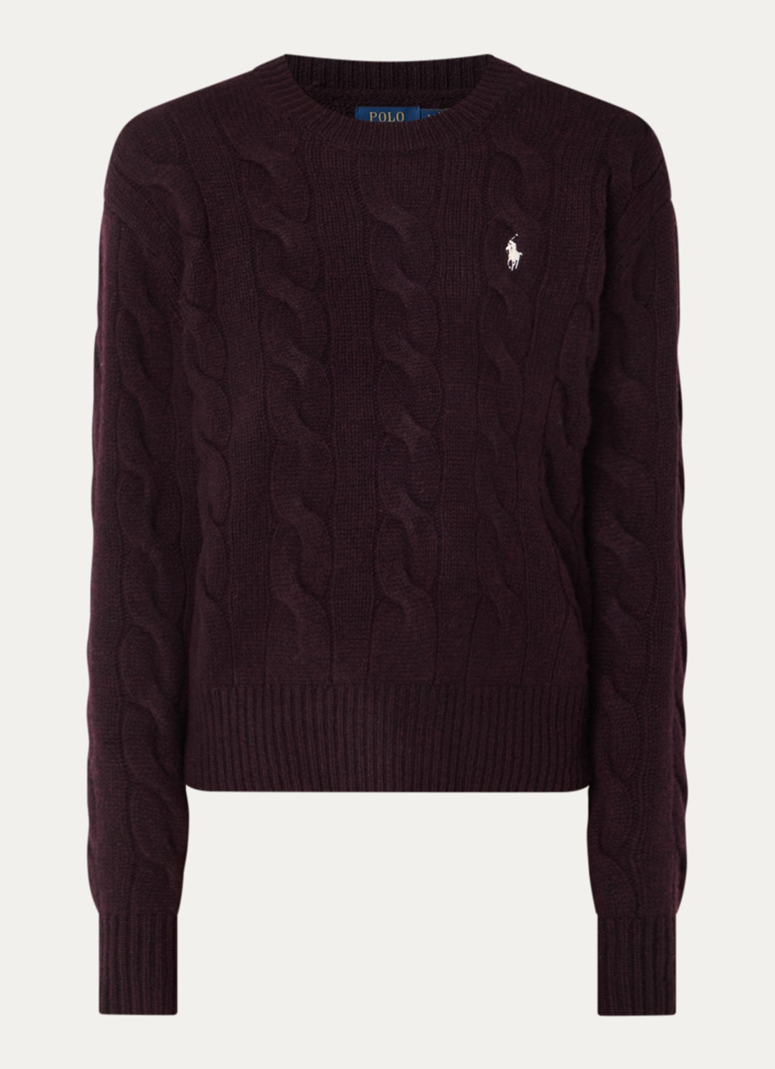 Ralph Lauren Kabelgebreide trui in kasjmierblend met logoborduring - voorkant 3 aubergine