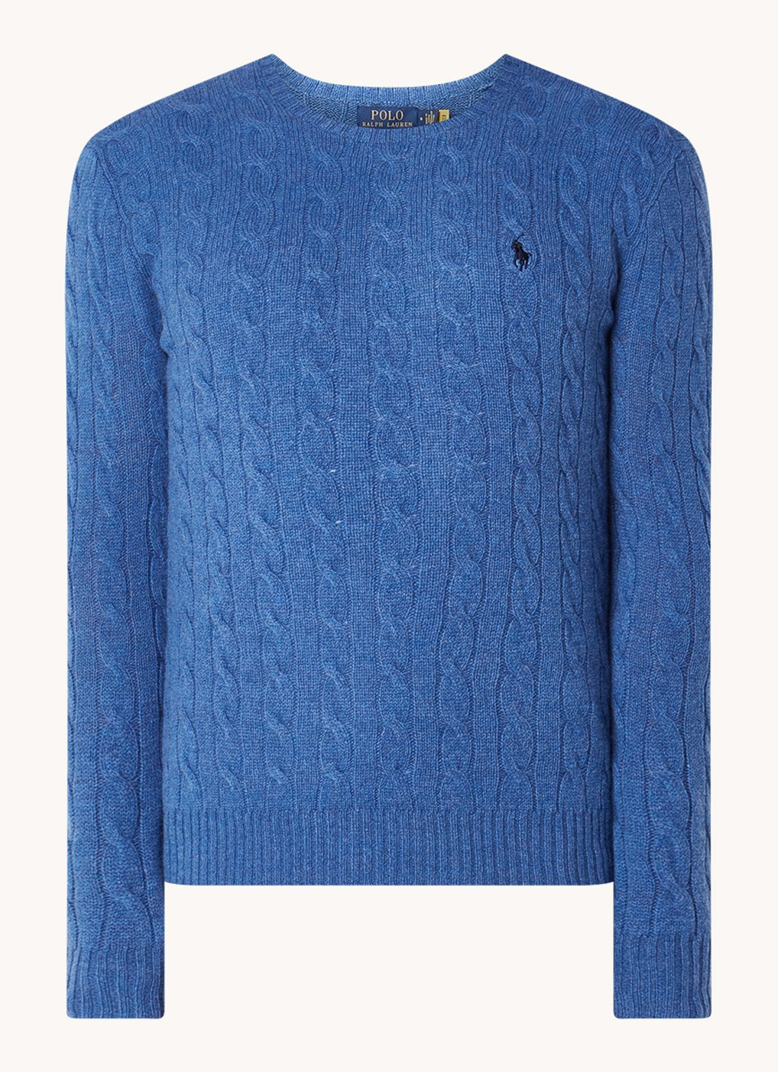 Ralph Lauren Kabelgebreide trui in kasjmierblend met logoborduring - voorkant twilight blue heather / lichtblauw