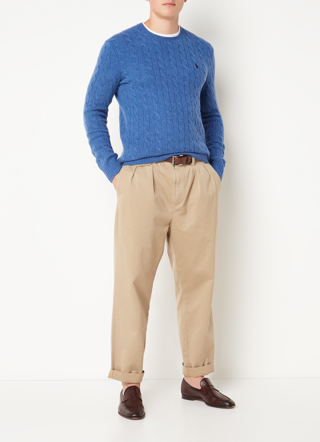 Ralph Lauren Kabelgebreide trui in kasjmierblend met logoborduring - voorkant 2 twilight blue heather / lichtblauw