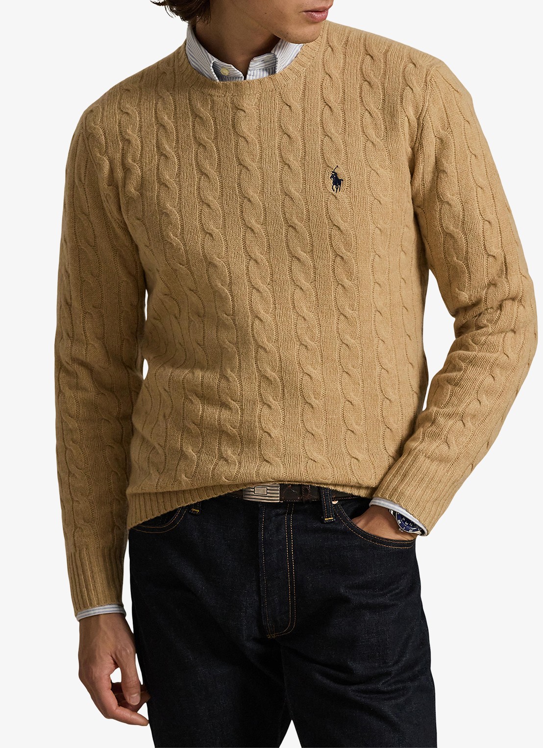 Ralph Lauren Kabelgebreide trui in kasjmierblend met logoborduring - detail 2 camel melange / camel