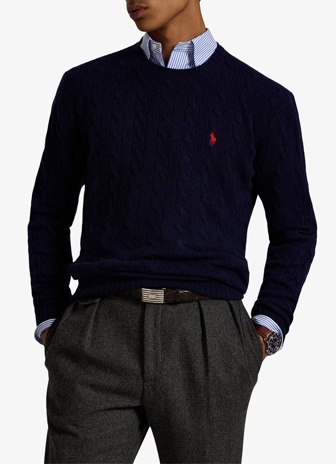 Ralph Lauren Kabelgebreide trui in kasjmierblend met logoborduring - detail 2 hunter navy / blauw