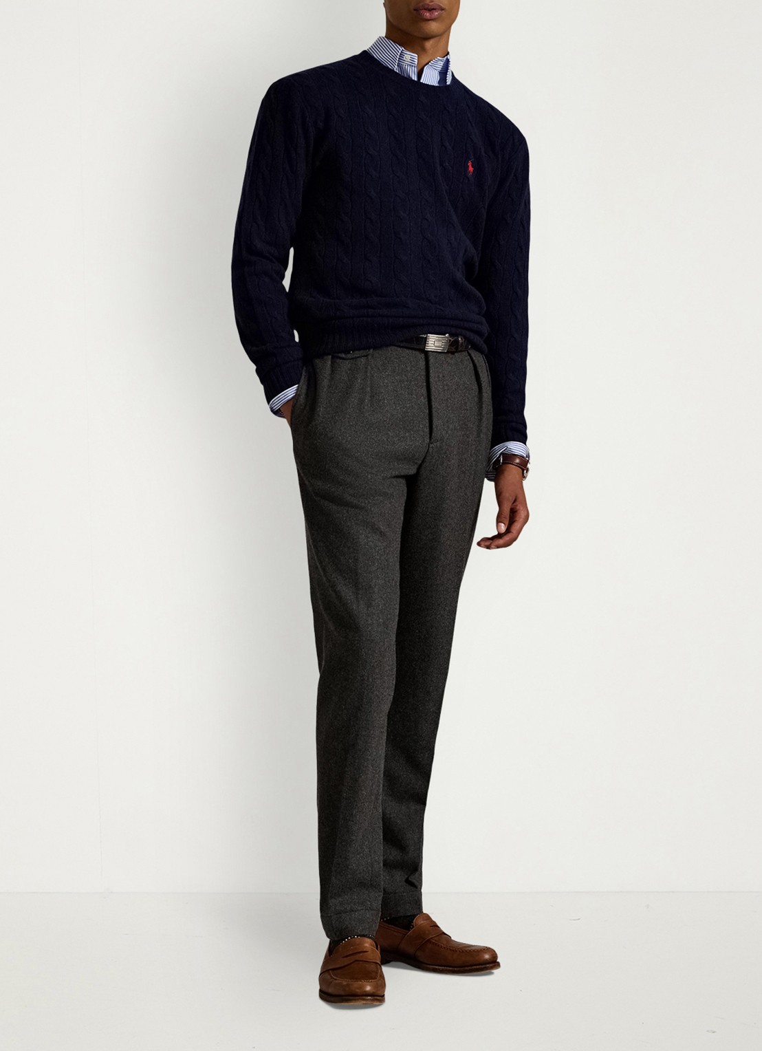 Ralph Lauren Kabelgebreide trui in kasjmierblend met logoborduring - voorkant 5 hunter navy / blauw
