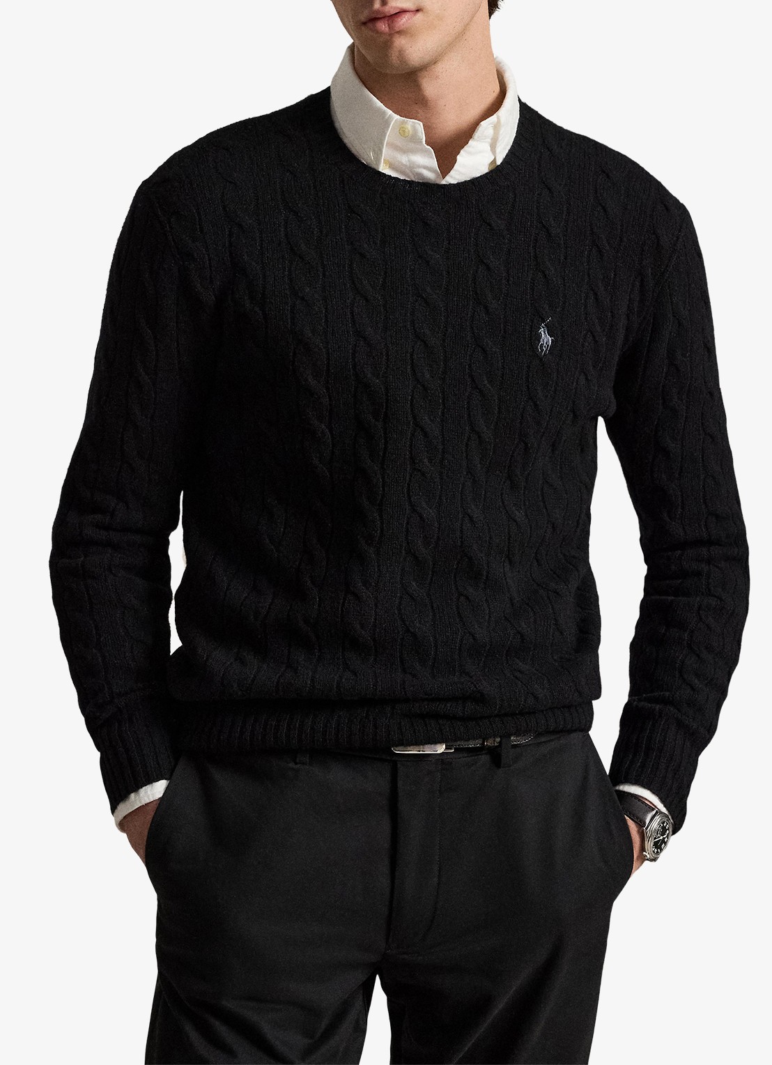 Ralph Lauren Kabelgebreide trui in kasjmierblend met logoborduring - voorkant 5 polo black / zwart