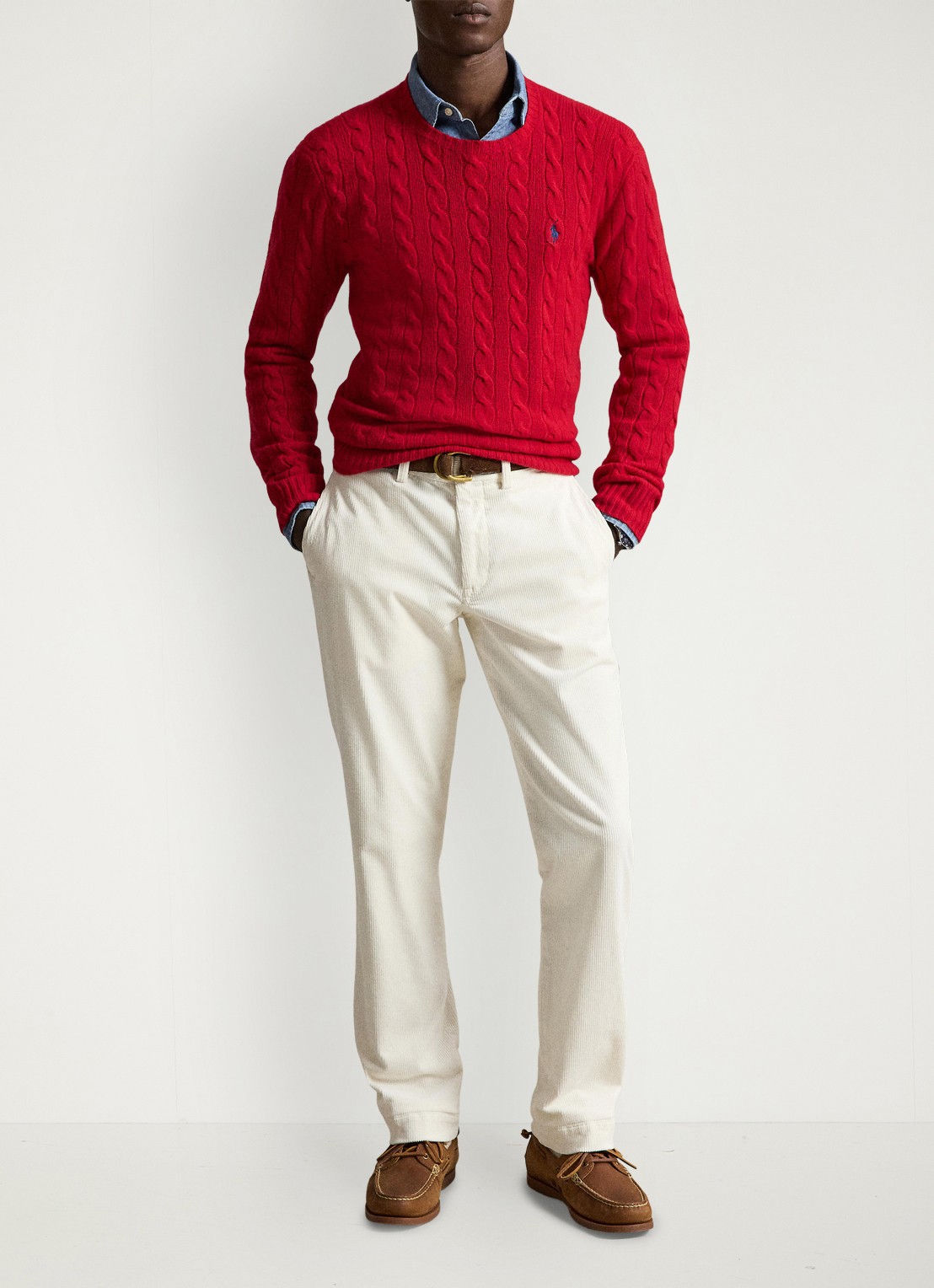 Ralph Lauren Kabelgebreide trui in kasjmierblend met logoborduring - detail 4 park ave red / rood