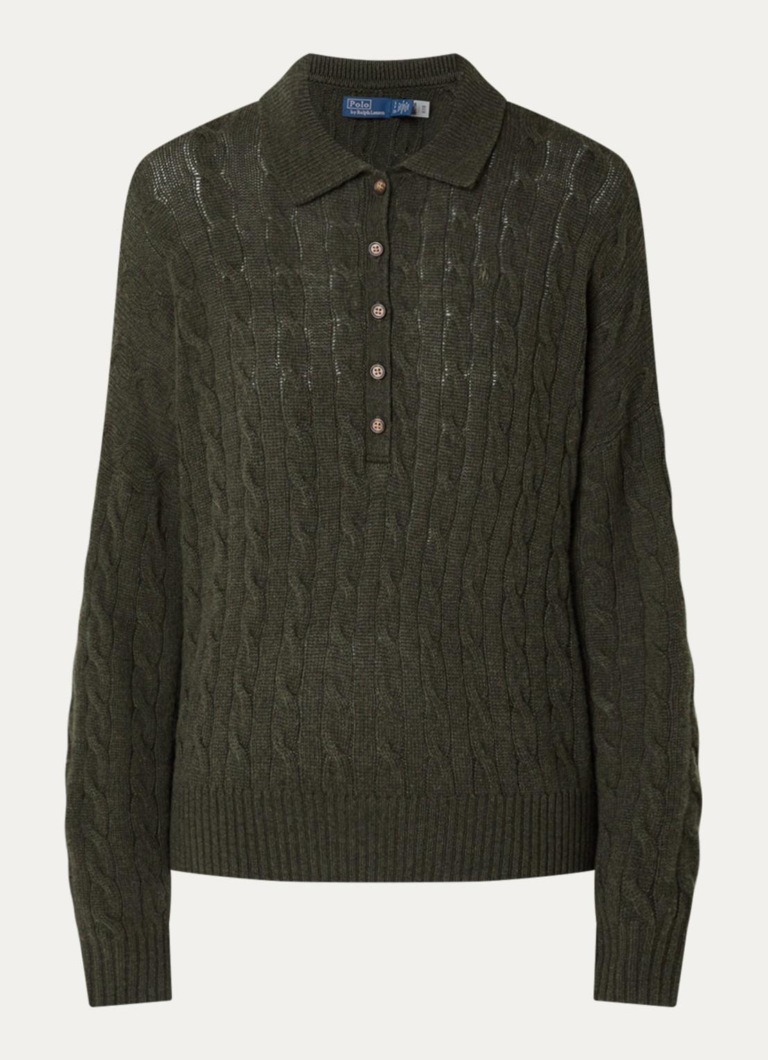 Ralph Lauren Kabelgebreide trui in kasjmierblend met polokraag en logoborduring - voorkant bronsgroen