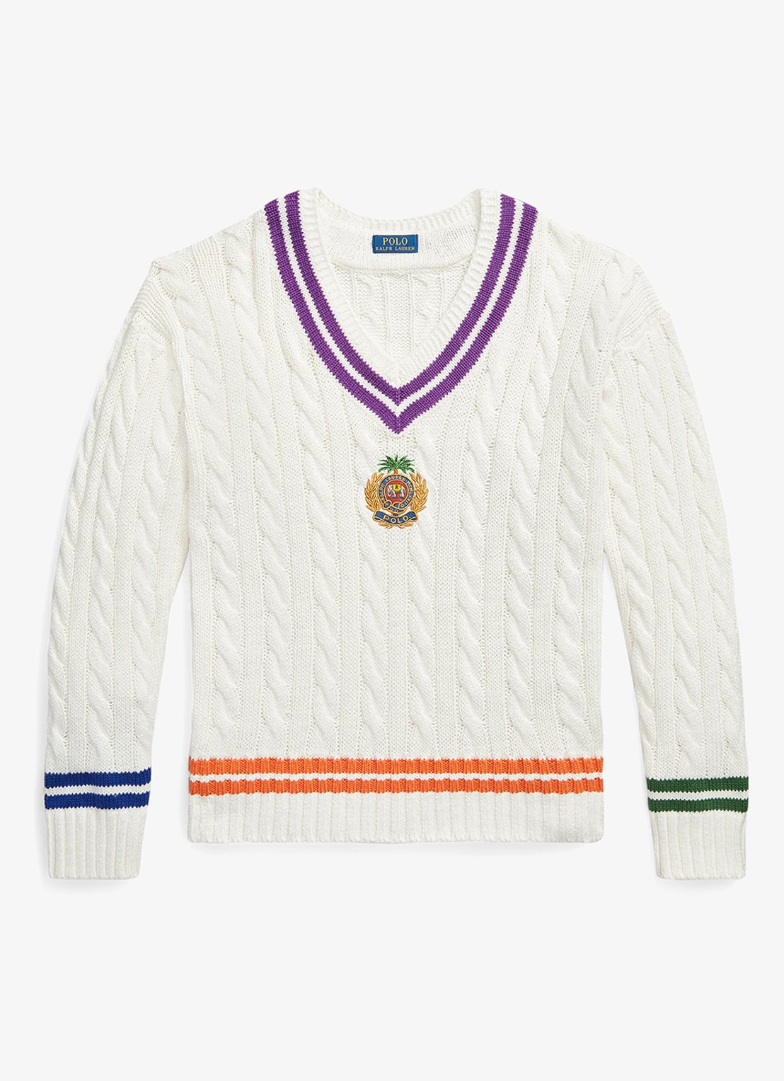 Ralph Lauren Kabelgebreide trui in linnenblend met logoborduring - voorkant 2 cream combo-3sat