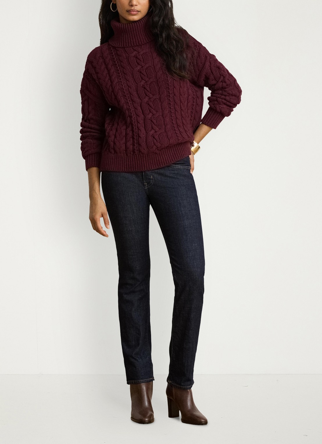 Ralph Lauren Kabelgebreide trui met col - detail dark garnet / bordeauxrood