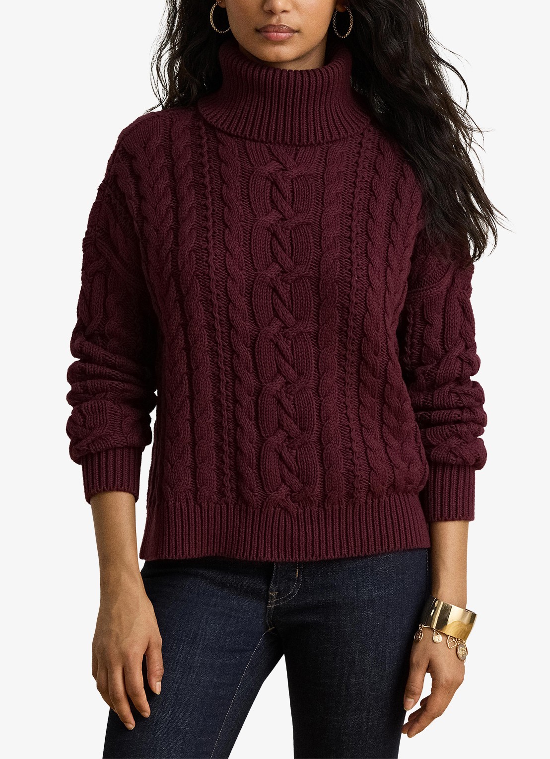 Ralph Lauren Kabelgebreide trui met col - voorkant 5 dark garnet / bordeauxrood