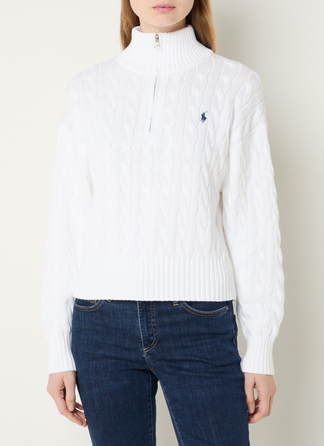 Ralph Lauren Kabelgebreide trui met halve rits en logo - detail 3 wit