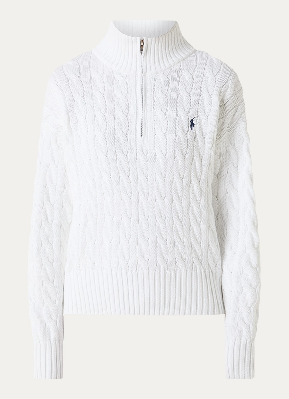Ralph Lauren Kabelgebreide trui met halve rits en logo - voorkant wit