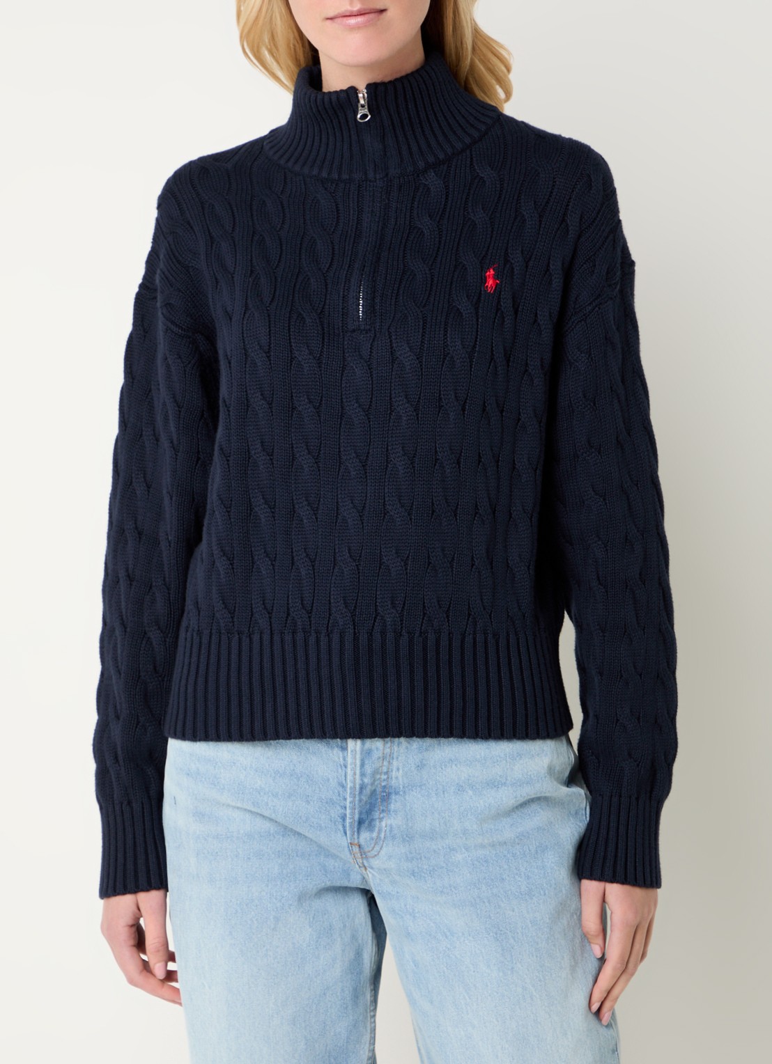 Ralph Lauren Kabelgebreide trui met halve rits en logo - detail 3 donkerblauw