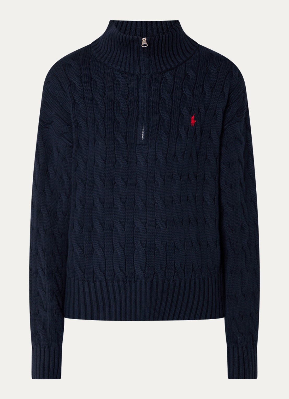 Ralph Lauren Kabelgebreide trui met halve rits en logo - voorkant donkerblauw