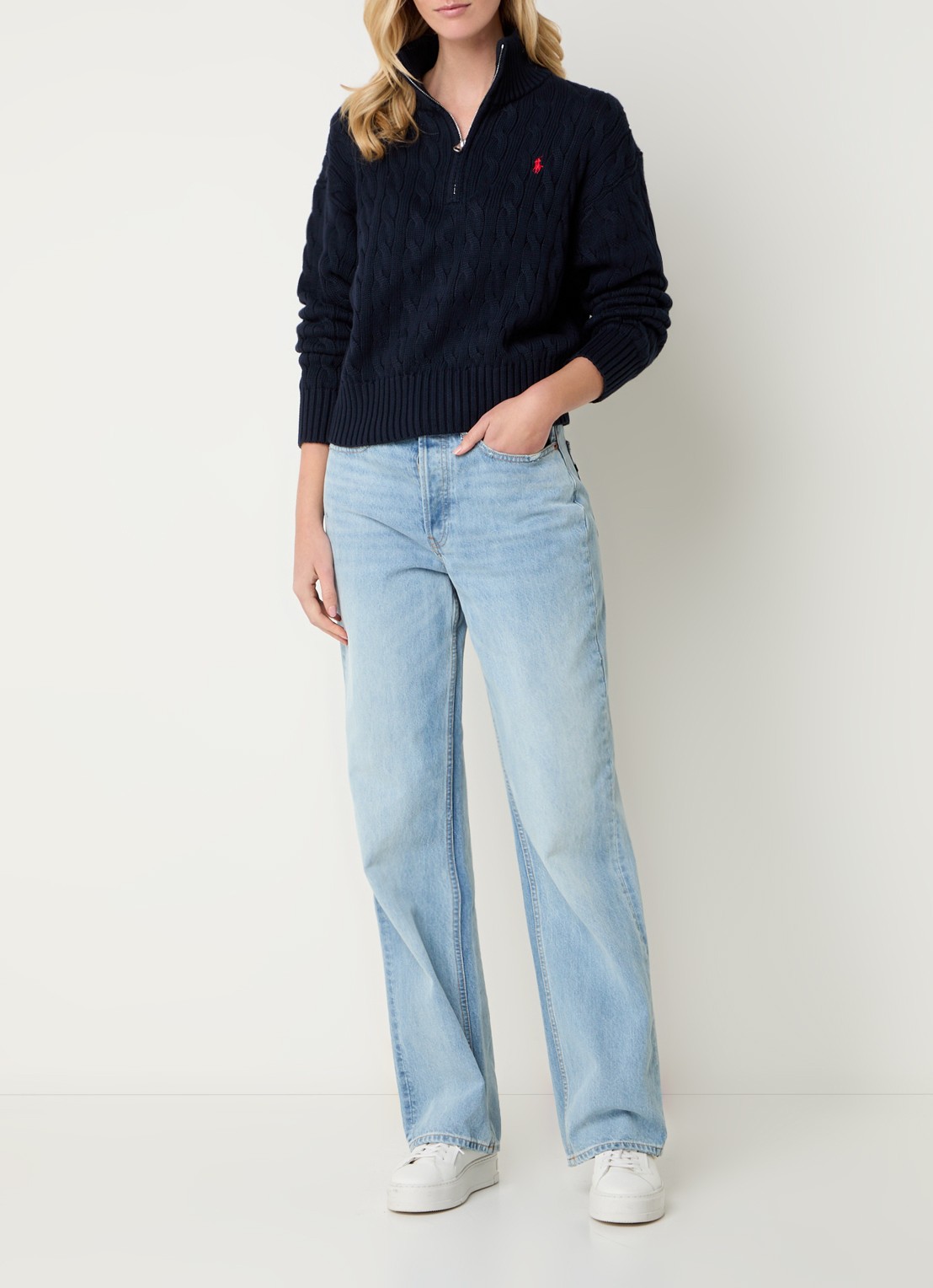 Ralph Lauren Kabelgebreide trui met halve rits en logo - voorkant 2 donkerblauw