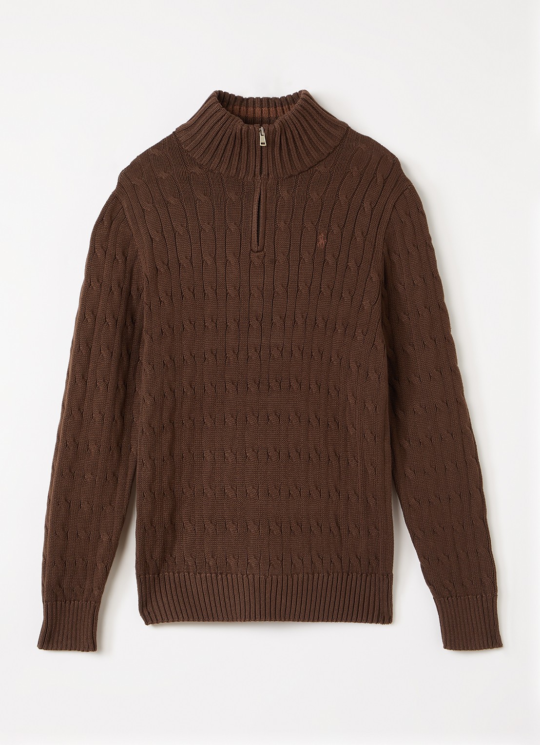 Ralph Lauren Kabelgebreide trui met halve rits - voorkant 2 lichtbruin
