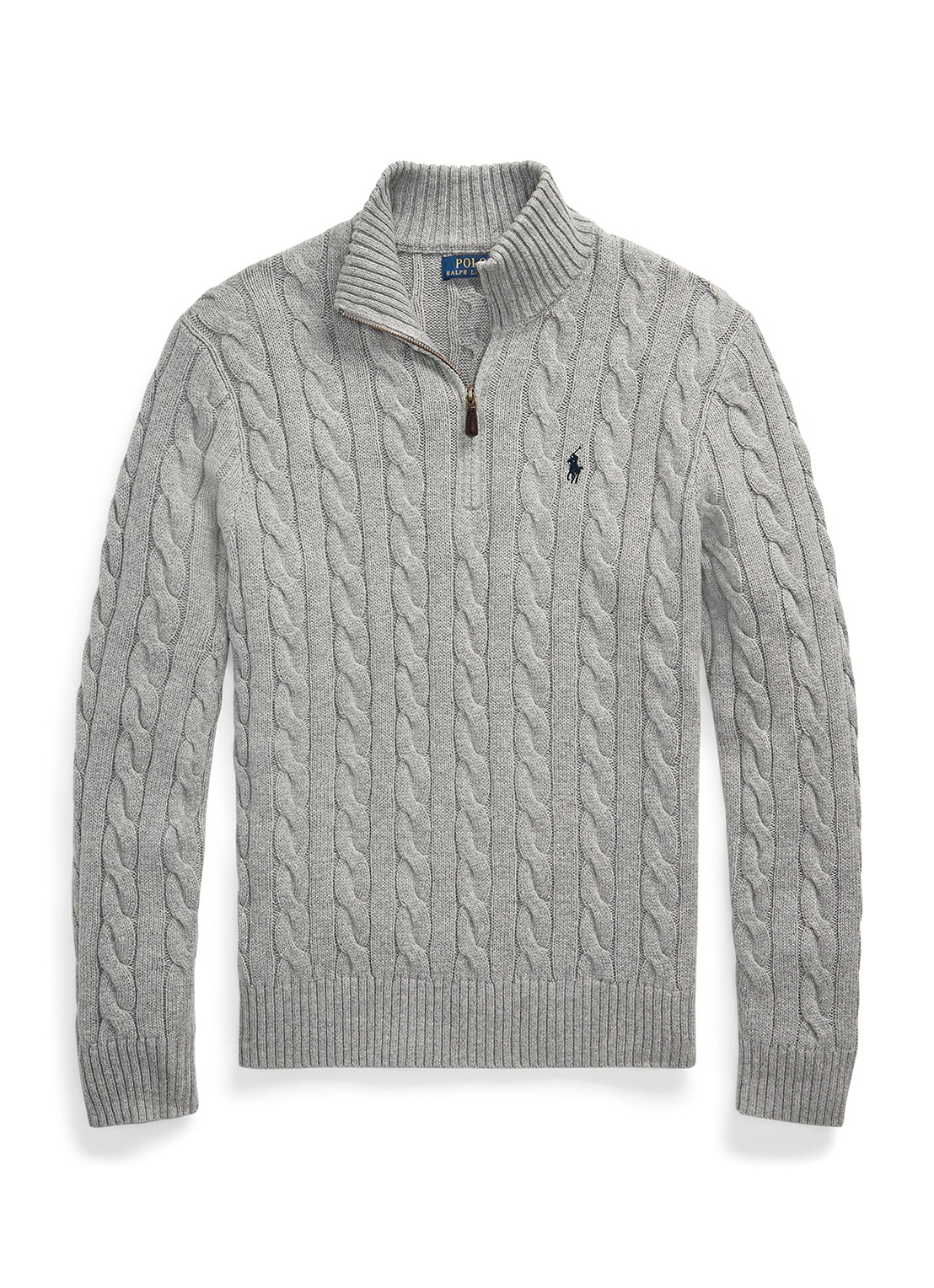 Ralph Lauren Kabelgebreide trui met halve rits - voorkant 2 fawn grey heather / grijs