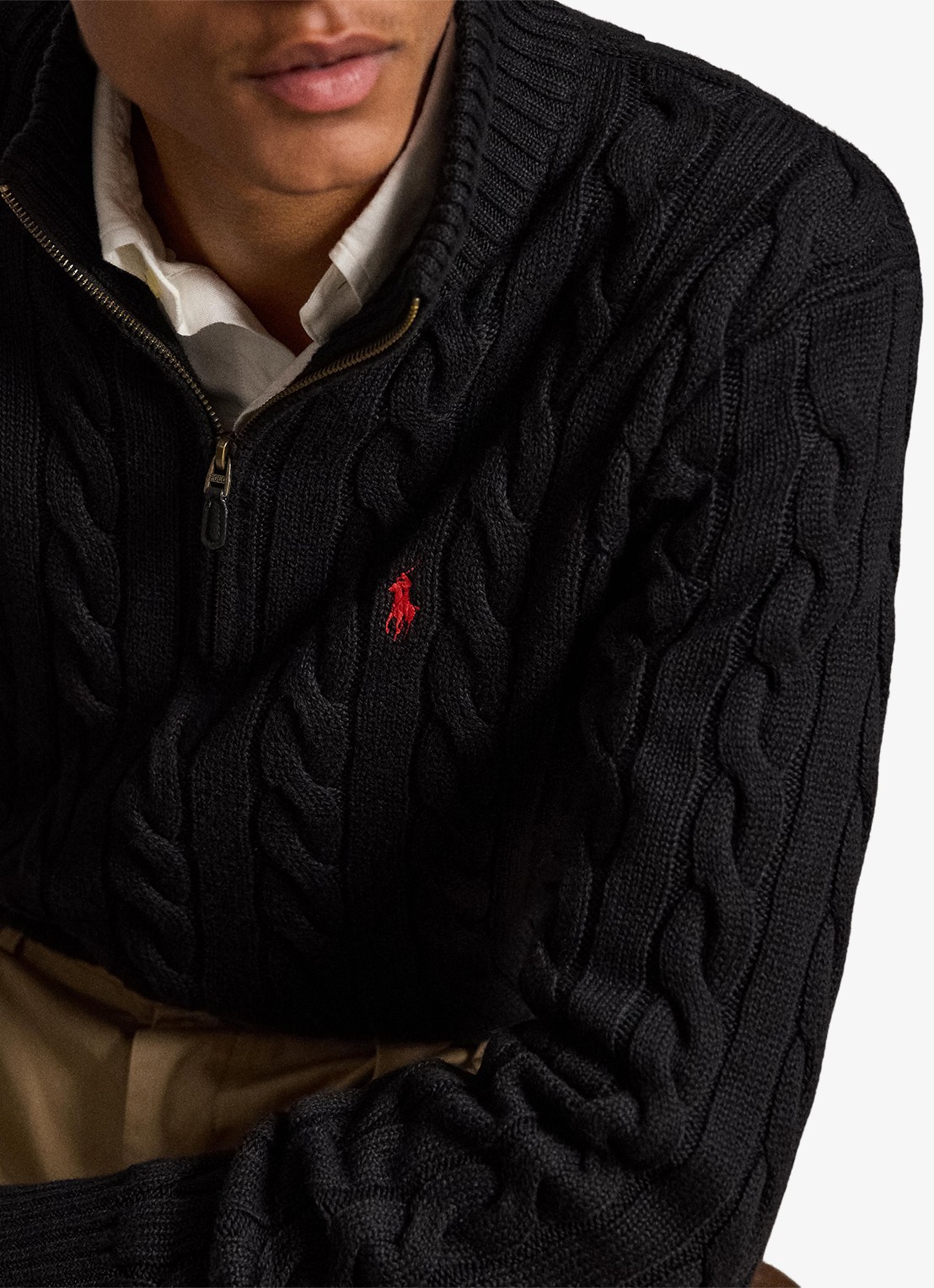 Ralph Lauren Kabelgebreide trui met halve rits - detail 3 polo black / zwart