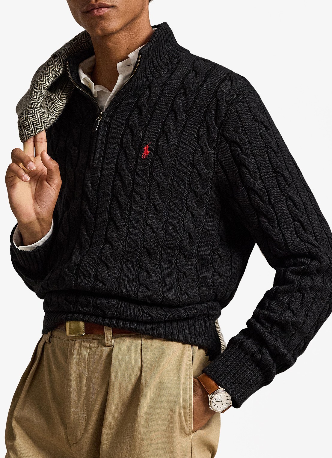Ralph Lauren Kabelgebreide trui met halve rits - voorkant 5 polo black / zwart