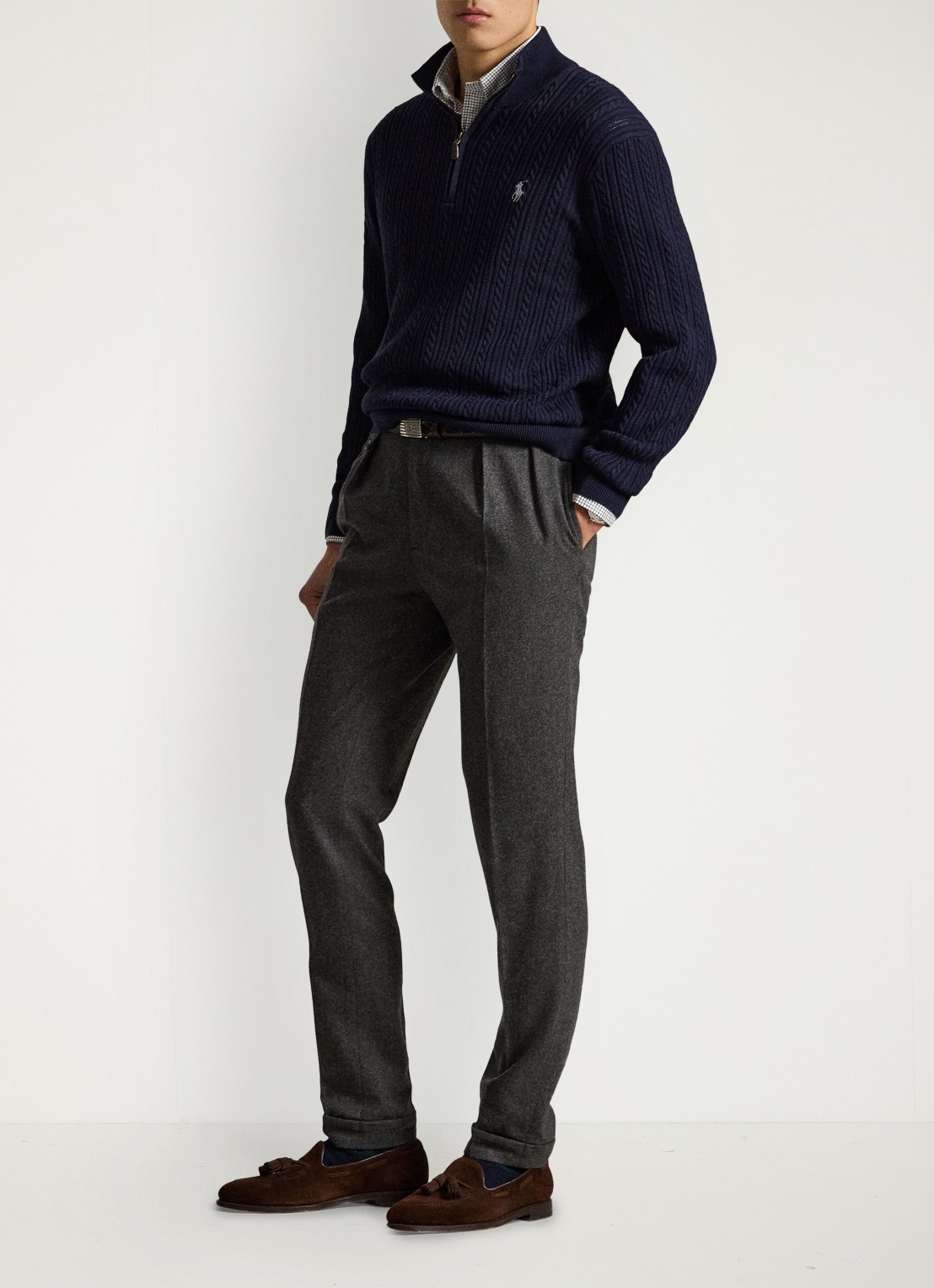 Ralph Lauren Kabelgebreide trui met halve rits - detail 4 donkerblauw