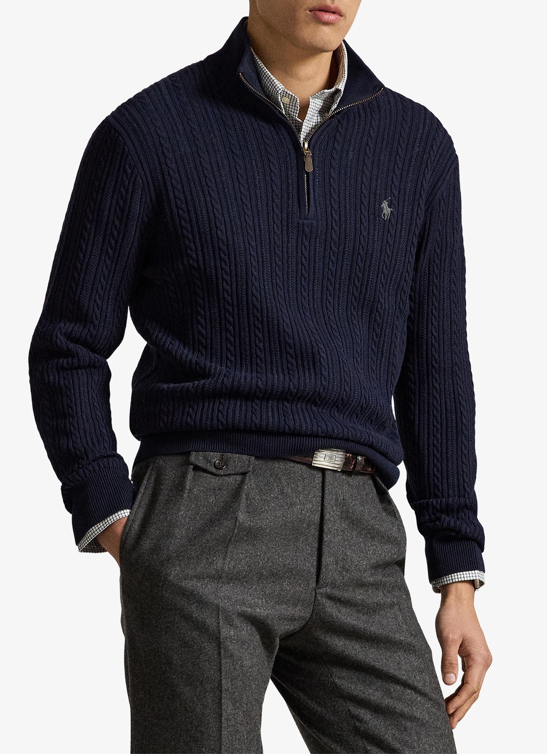 Ralph Lauren Kabelgebreide trui met halve rits - voorkant 2 donkerblauw