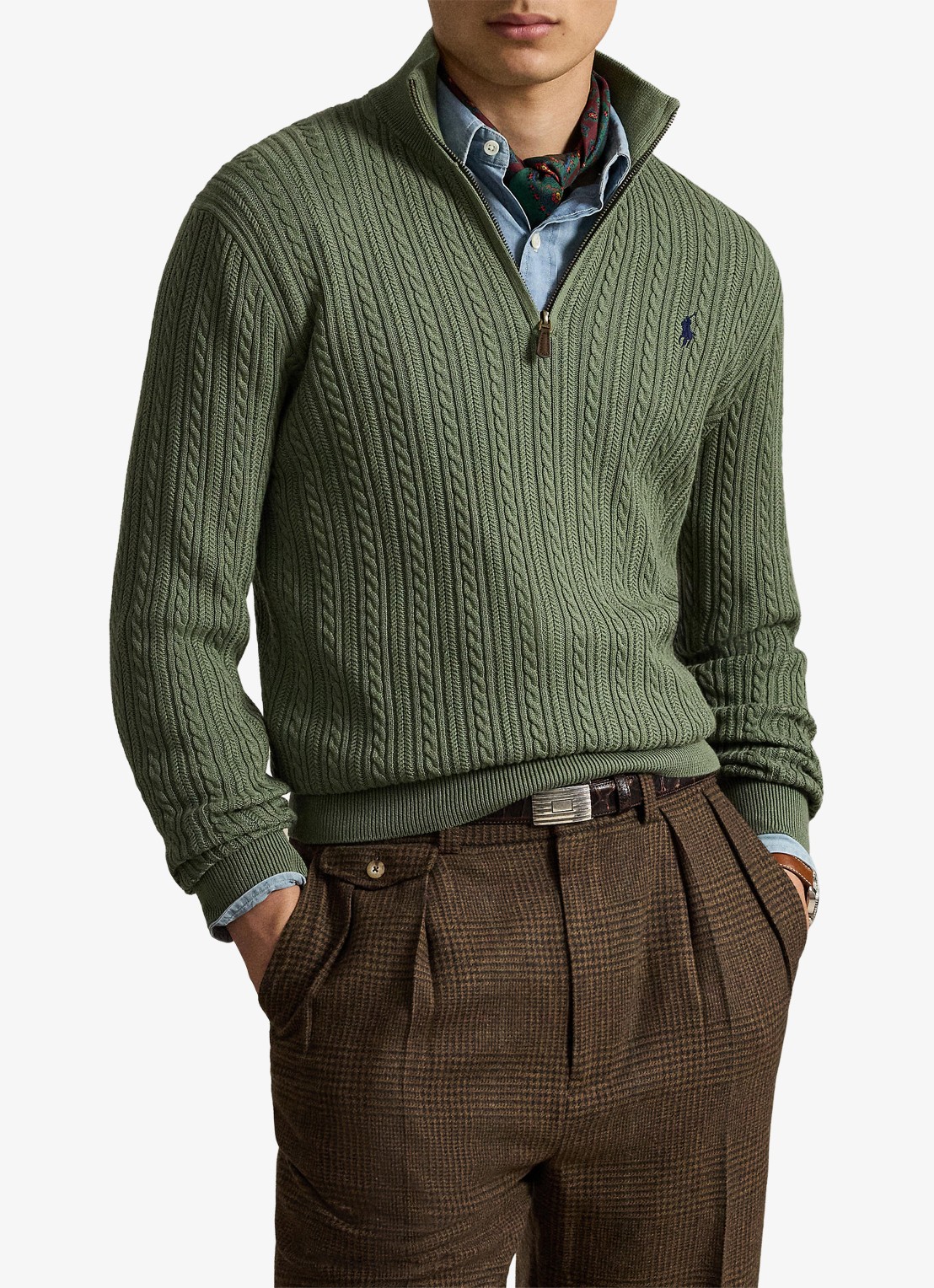 Ralph Lauren Kabelgebreide trui met halve rits - voorkant 5 cargo green / legergroen
