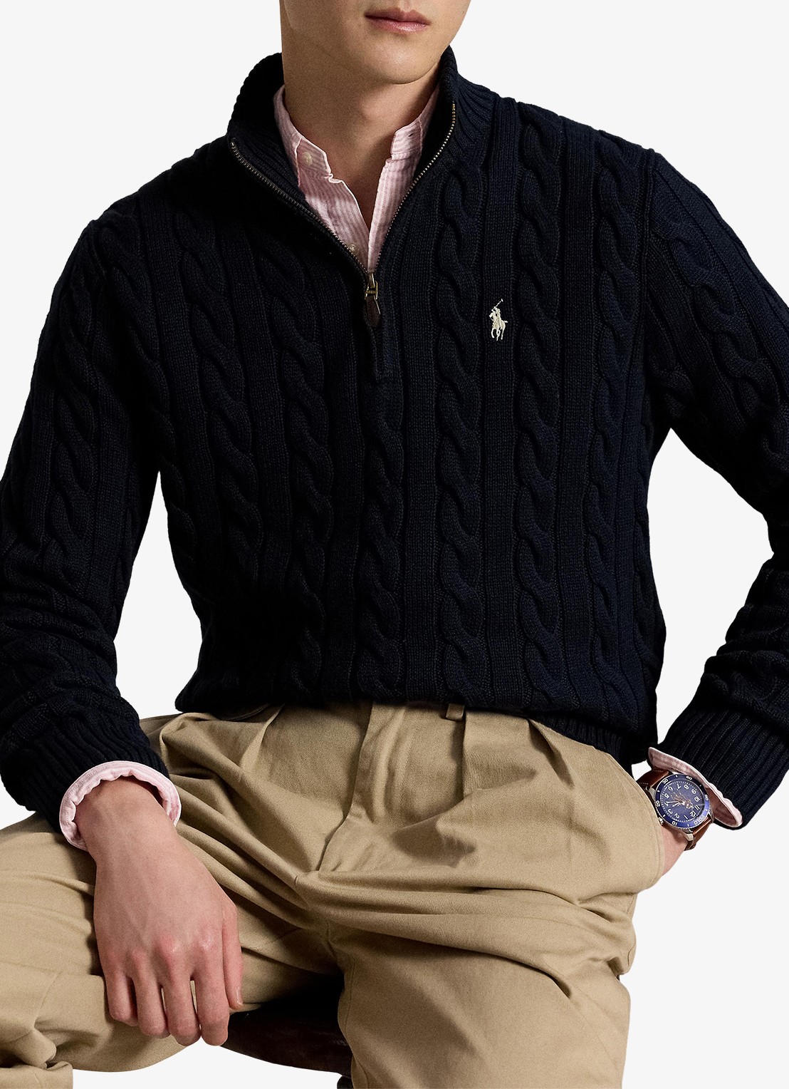 Ralph Lauren Kabelgebreide trui met halve rits - voorkant 4 hunter navy / donkerblauw