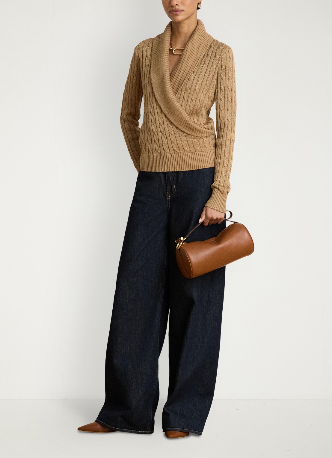 Ralph Lauren Kabelgebreide trui met kraag - detail lauren camel / beige
