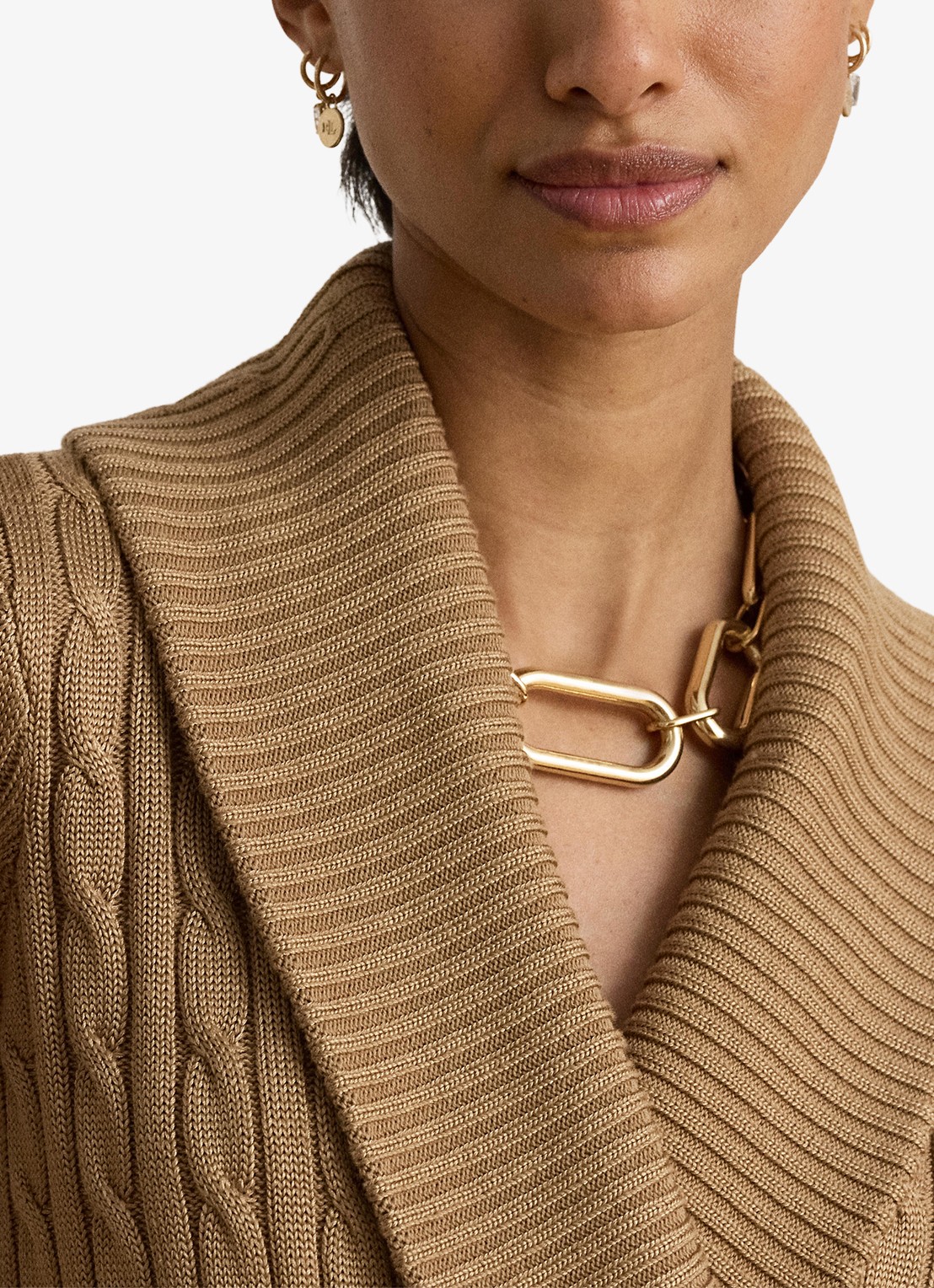 Ralph Lauren Kabelgebreide trui met kraag - detail 2 lauren camel / beige