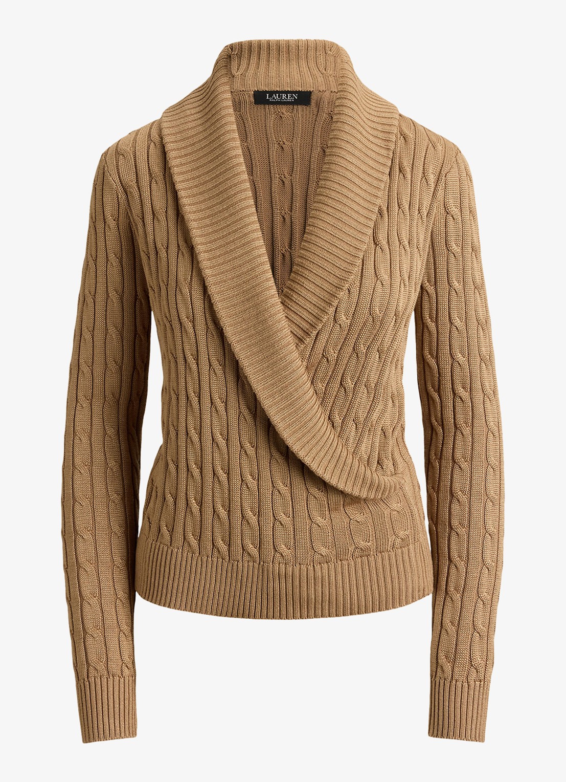 Ralph Lauren Kabelgebreide trui met kraag - voorkant 3 lauren camel / beige