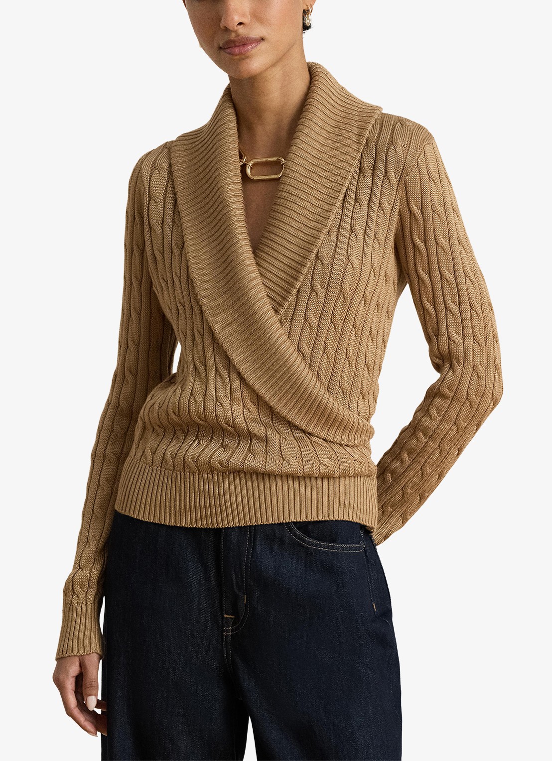 Ralph Lauren Kabelgebreide trui met kraag - voorkant 4 lauren camel / beige
