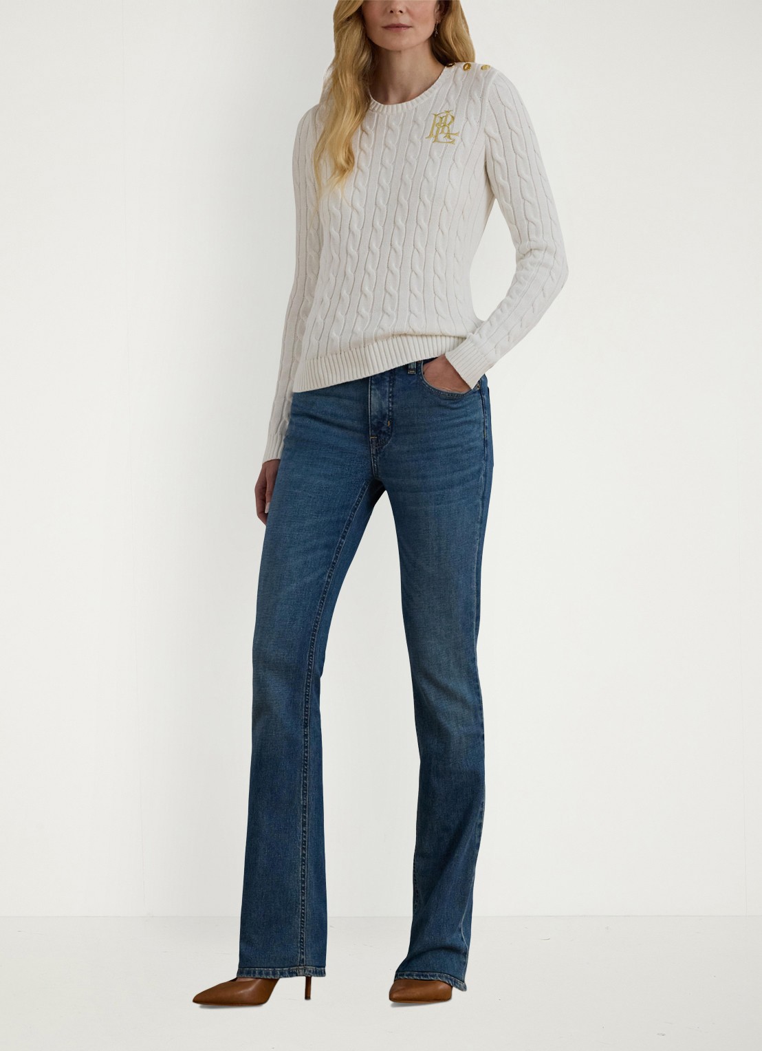 Ralph Lauren Kabelgebreide trui met logoborduring - voorkant 2 mascarpone cream / beige