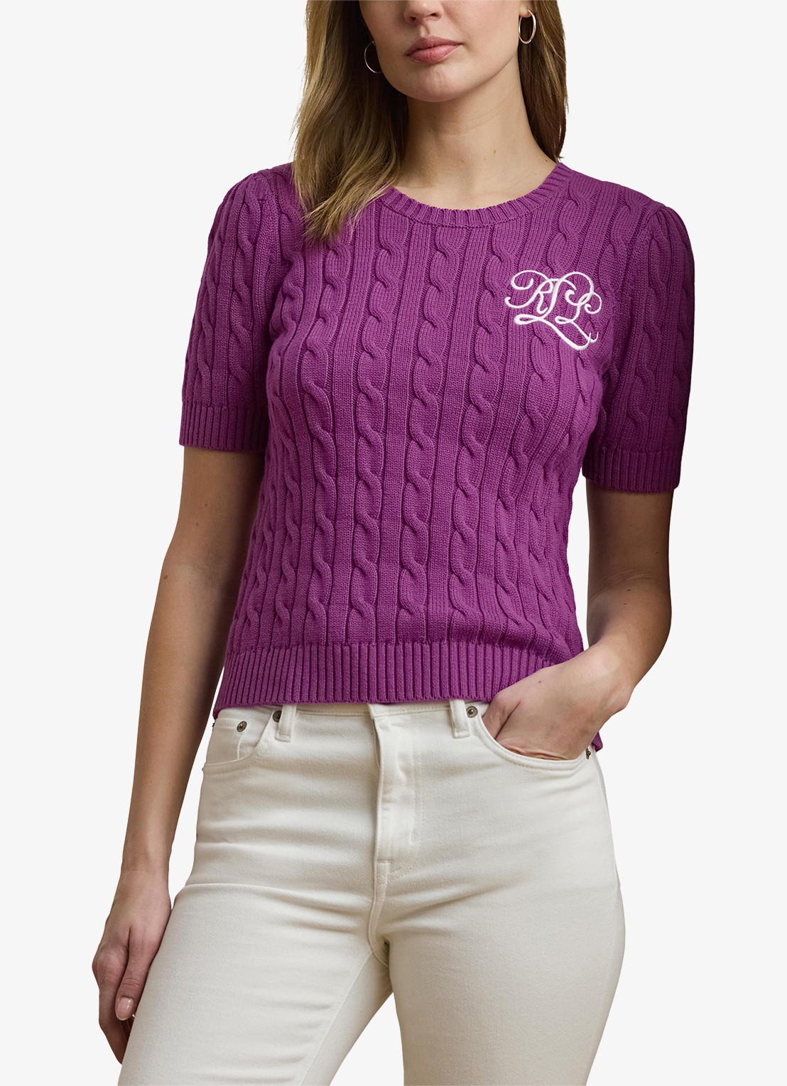 Ralph Lauren Kabelgebreide trui met logoborduring - detail paars