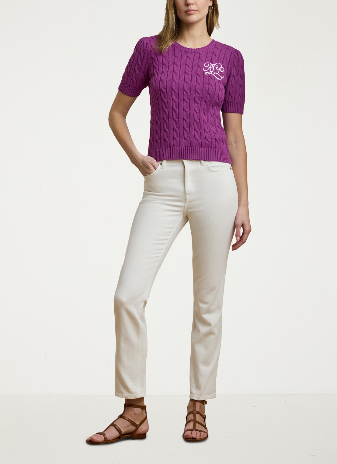Ralph Lauren Kabelgebreide trui met logoborduring - voorkant 4 paars