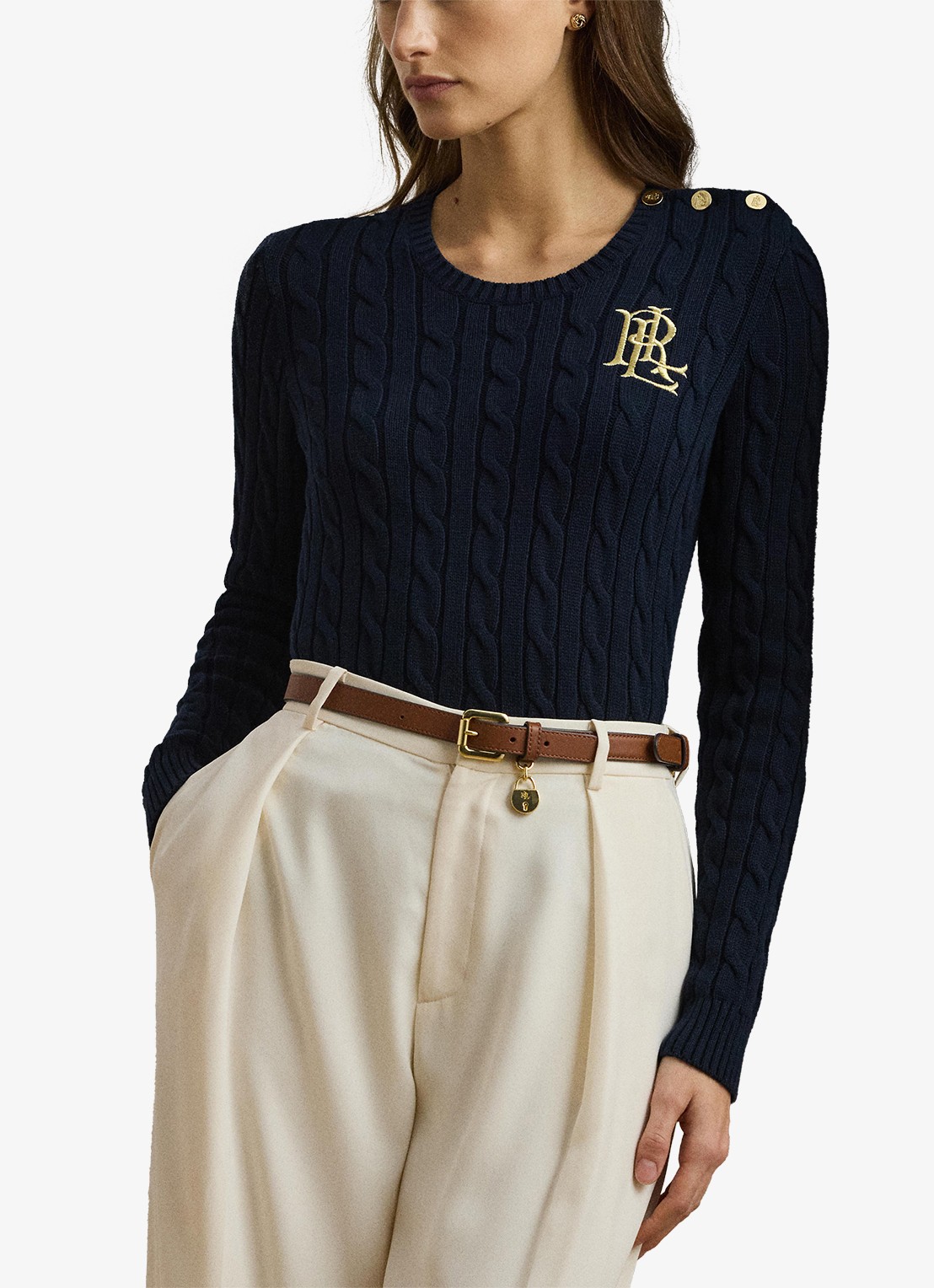 Ralph Lauren Kabelgebreide trui met logoborduring - detail 2 donkerblauw