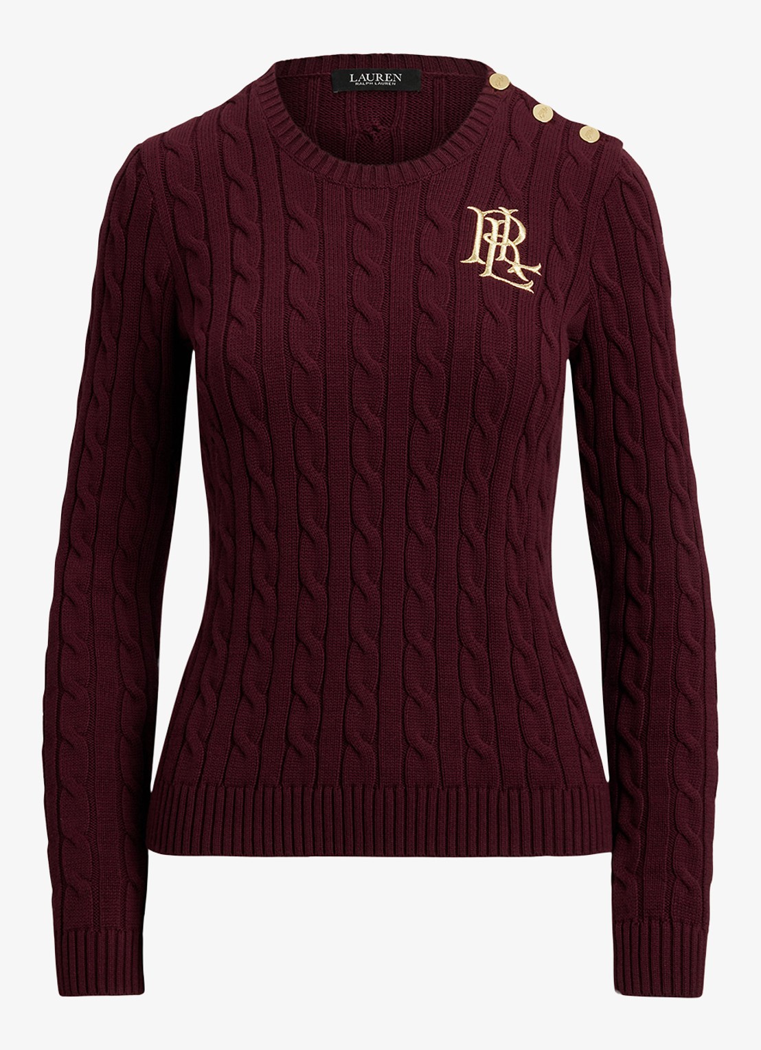 Ralph Lauren Kabelgebreide trui met logoborduring - voorkant dark garnet / bordeauxrood