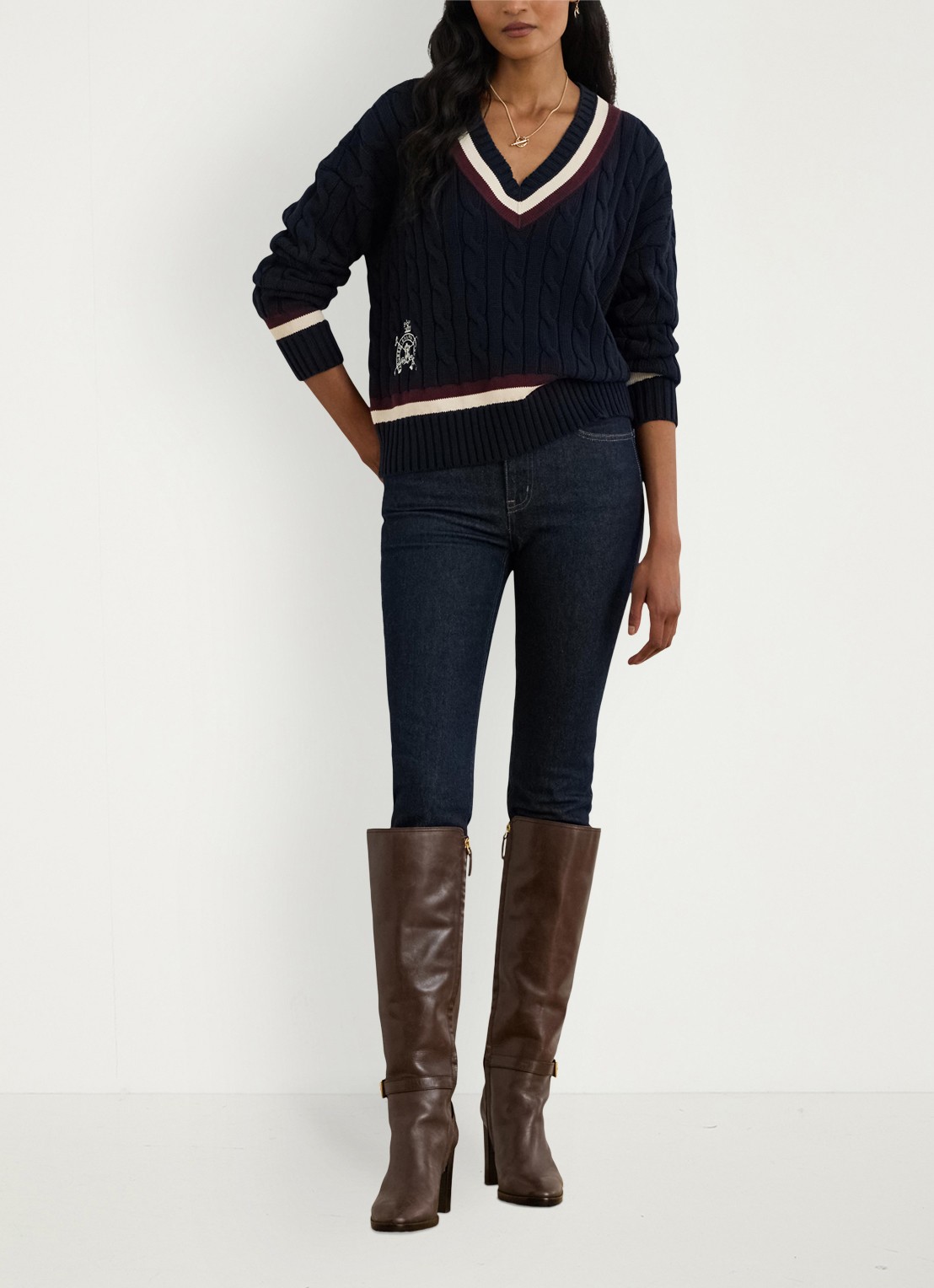 Ralph Lauren Kabelgebreide trui met logoborduring - voorkant 4 donkerblauw