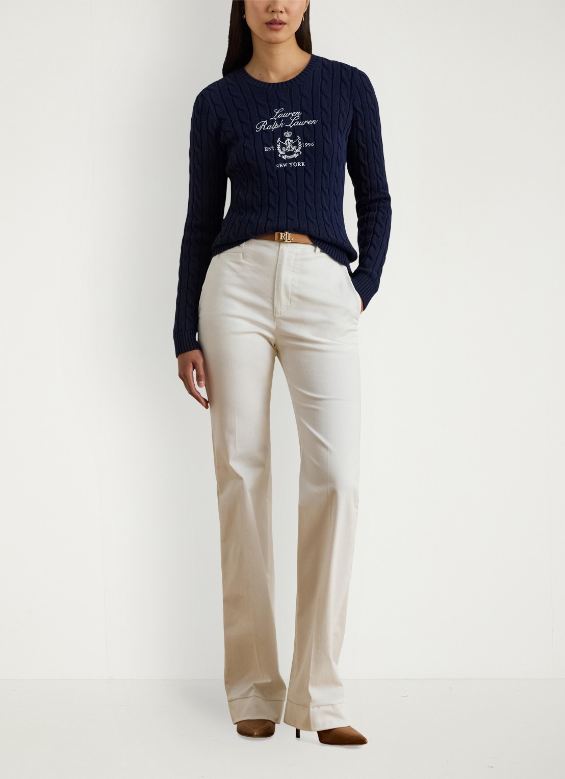 Ralph Lauren Kabelgebreide trui met logoborduring - voorkant 3 donkerblauw