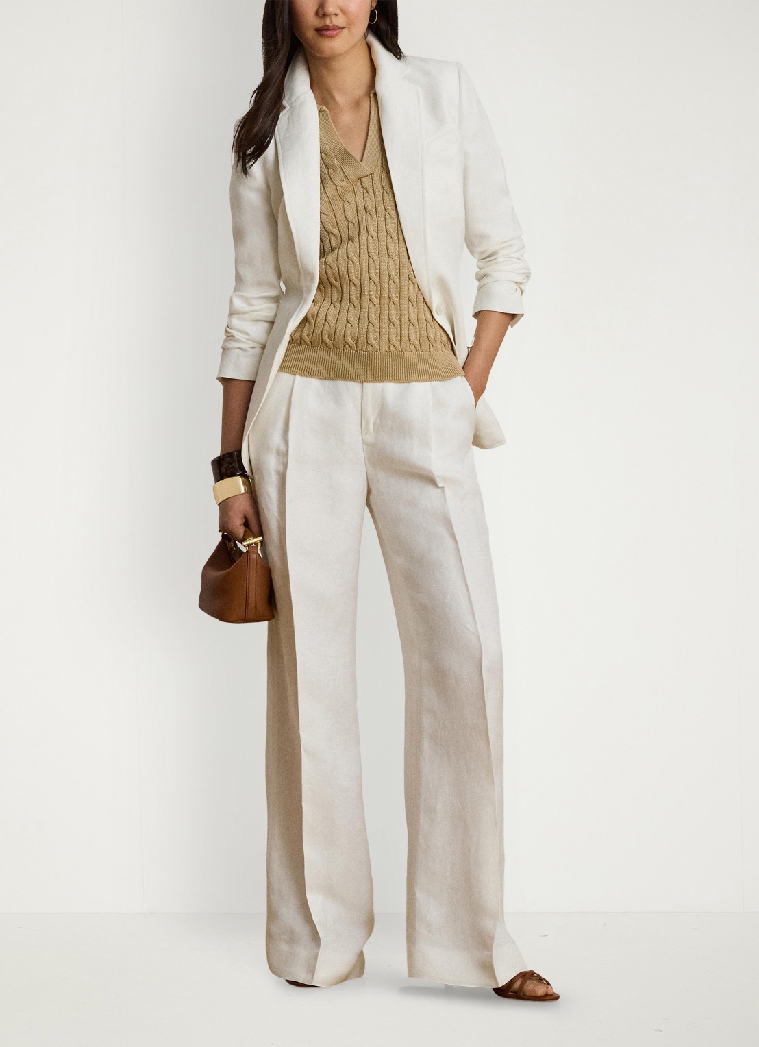 Ralph Lauren Kabelgebreide trui met logoborduring - voorkant 2 birch tan / beige