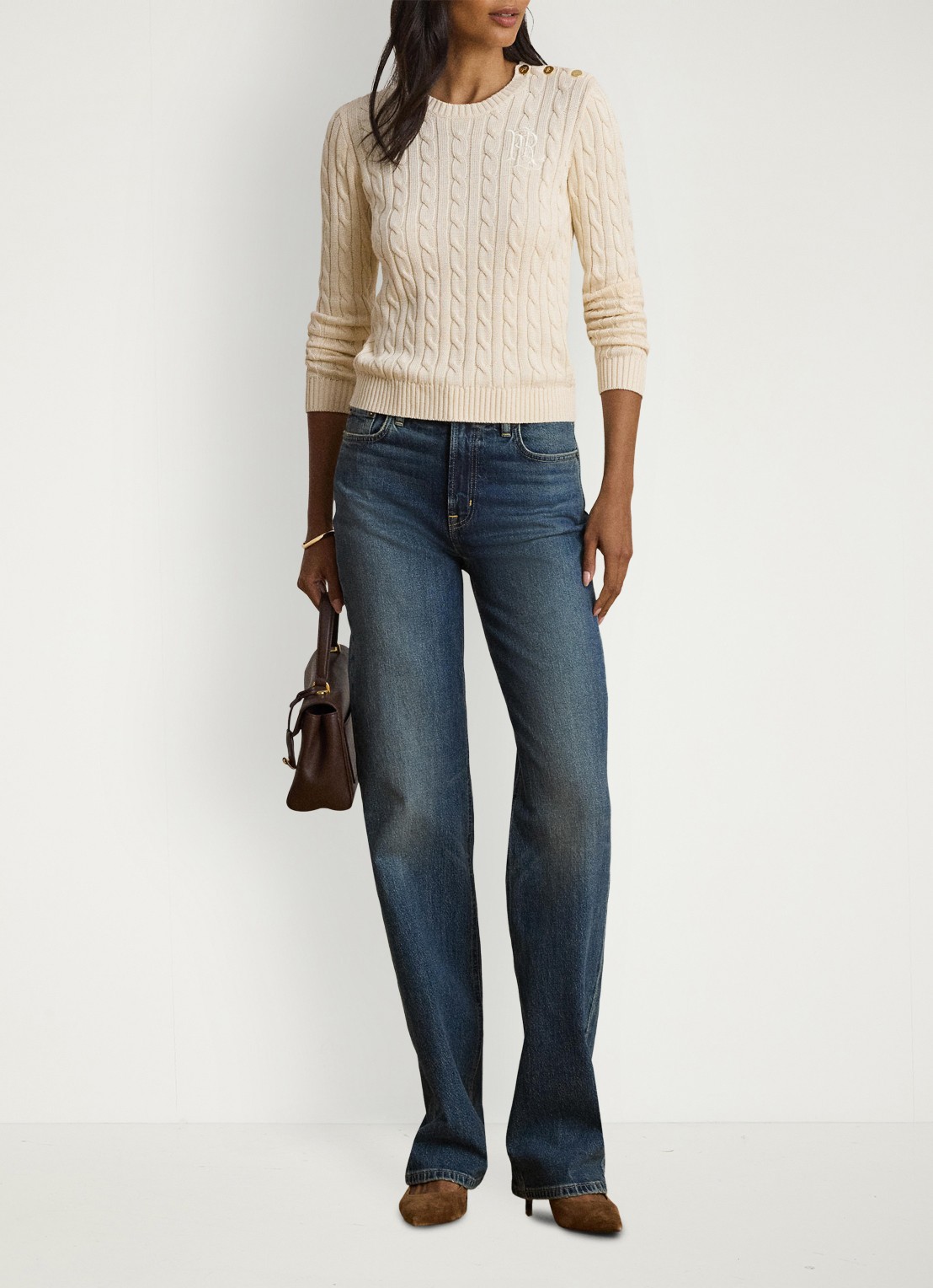 Ralph Lauren Kabelgebreide trui met logoborduring - voorkant 2 mascarpone crème / crème