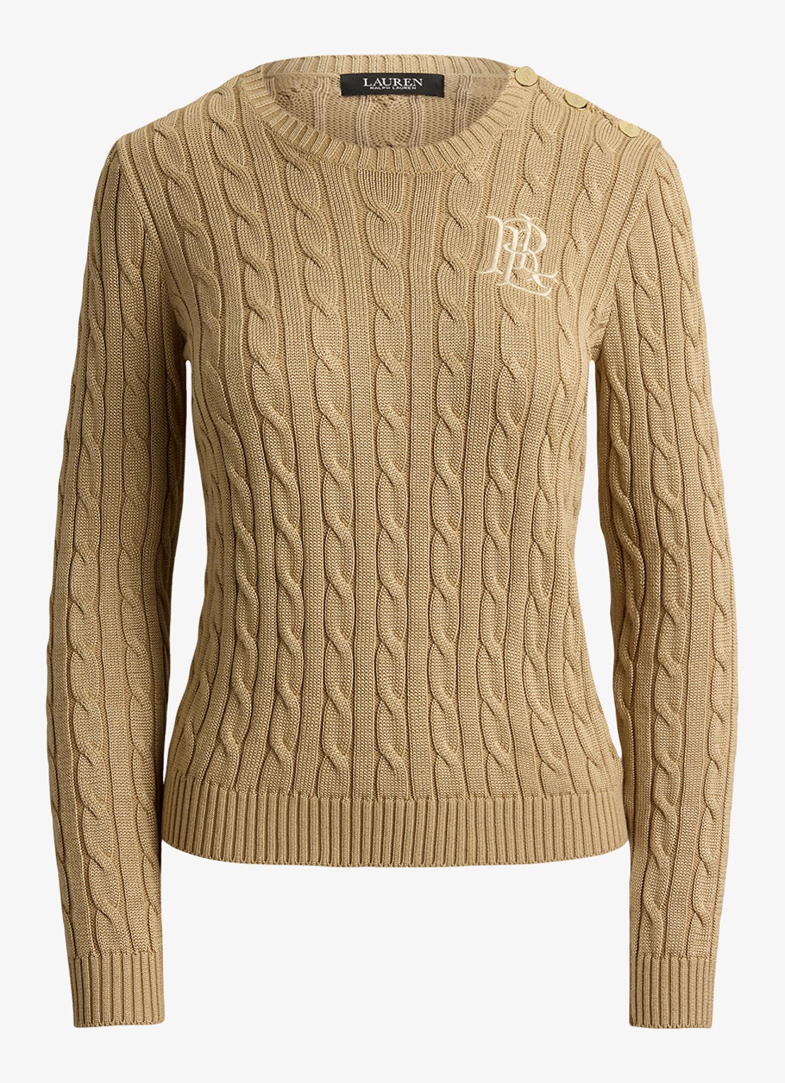 Ralph Lauren Kabelgebreide trui met logoborduring - voorkant birch tan / beige